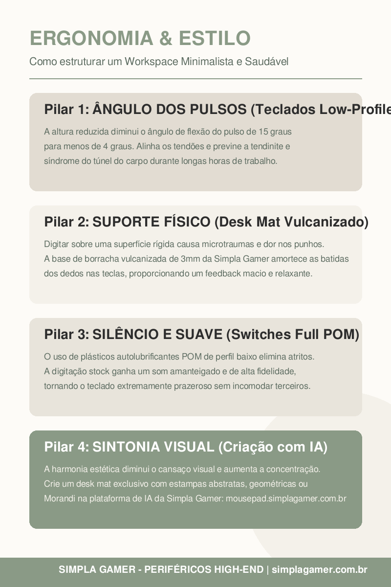 Infográfico ergonômico de workspace minimalista com teclado low-profile Lofree Nuphy de perfil baixo e mousepad de alta densidade da Simpla Gamer.